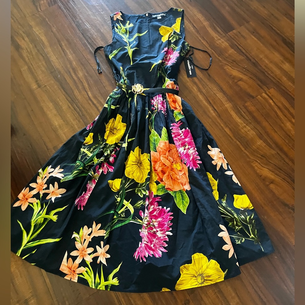 New Karl Lagerfeld Navy Floral Sleeveless Fit-and-Flare Dress size 10 - Picture 4 of 16